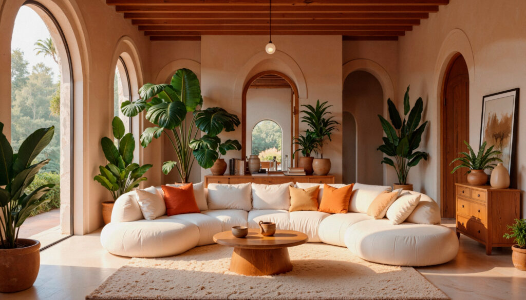 Neutral modern living room with wooden furniture and indoor plants
