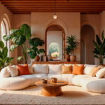 Neutral modern living room with wooden furniture and indoor plants