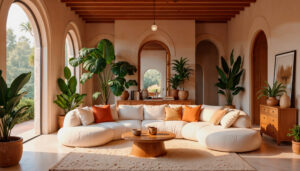 Neutral modern living room with wooden furniture and indoor plants