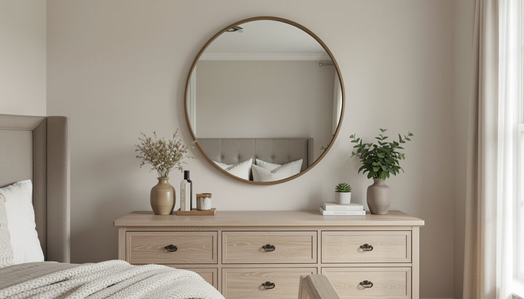 Oversized round mirror above a bedroom dresser