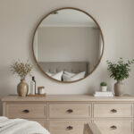 Oversized round mirror above a bedroom dresser