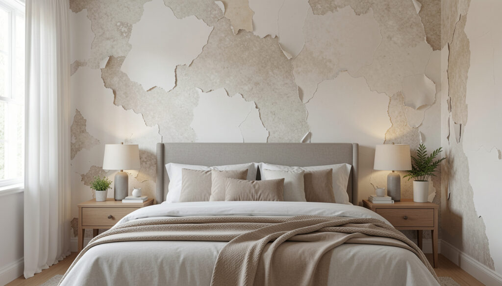 Peel-and-stick textured wallpaper accent wall behind a bed