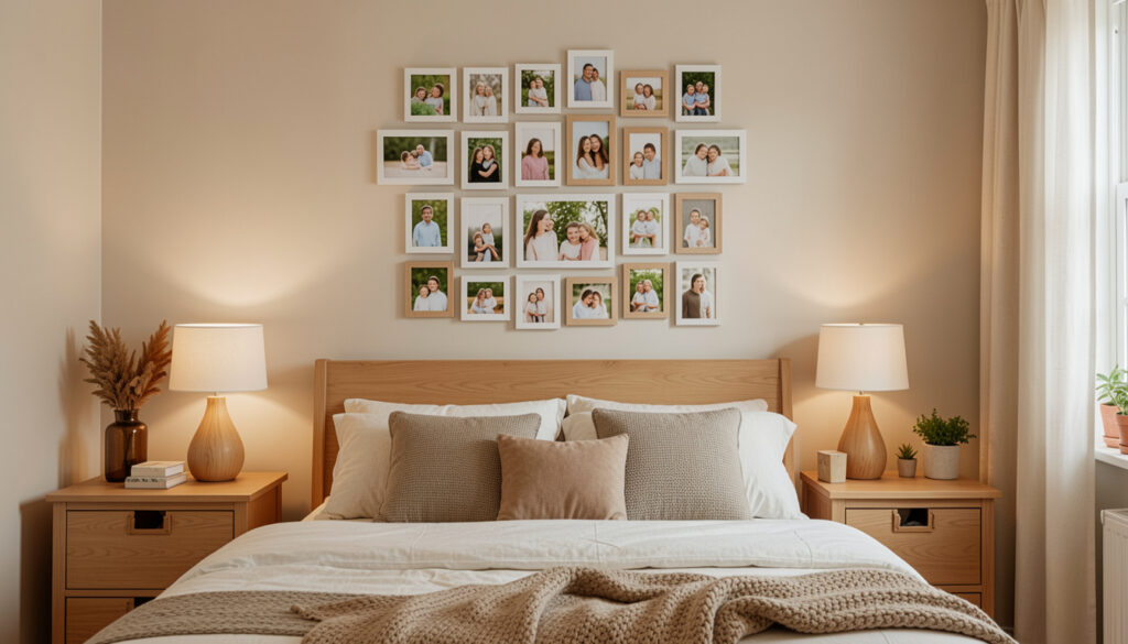 Personal photo gallery wall in a cozy bedroom