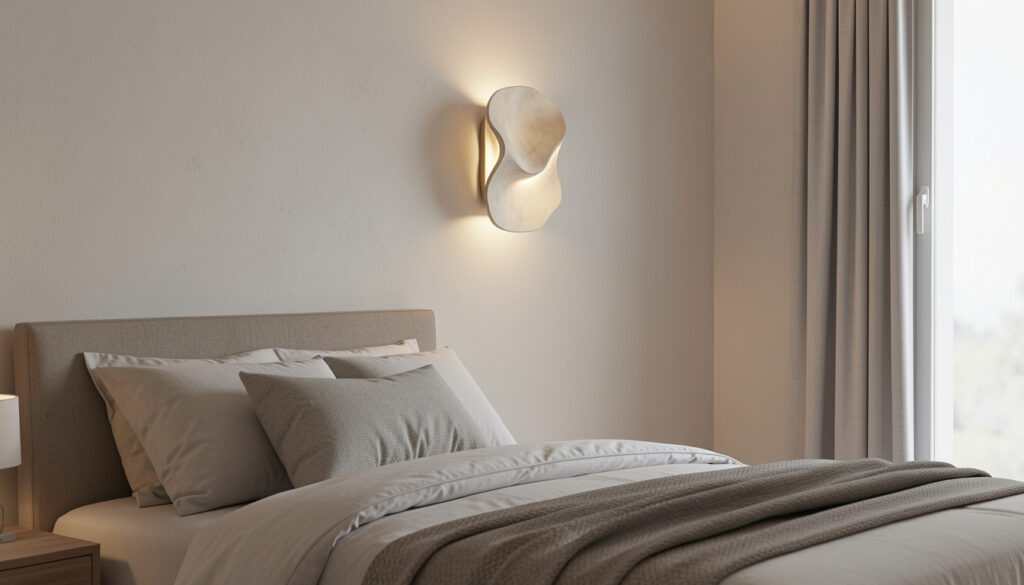 Sculptural wall sconce lighting fixture beside a bed