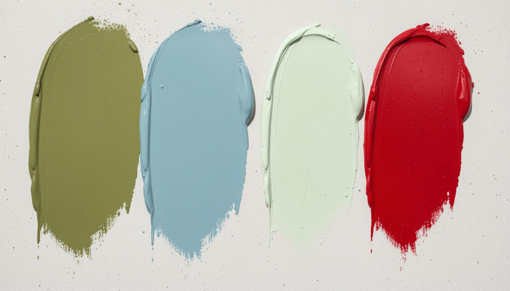 Several large paint sample swatches painted directly on a wall for side-by-side color comparison.