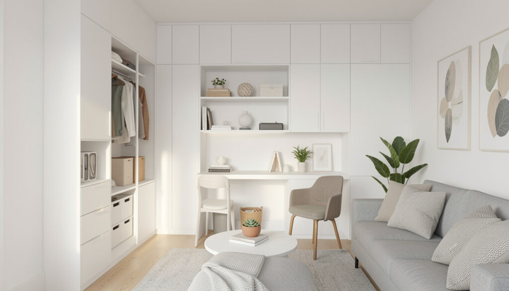 Small apartment interior with smart storage and modern furniture