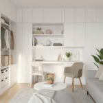 Small apartment interior with smart storage and modern furniture