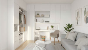 Small apartment interior with smart storage and modern furniture