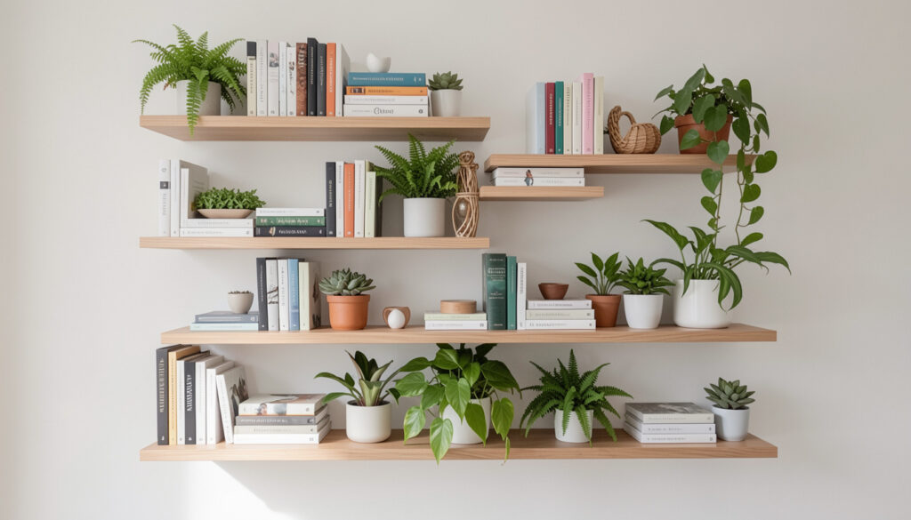 Staggered floating shelves styled with books and plants