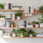 Staggered floating shelves styled with books and plants