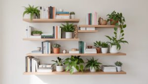 Staggered floating shelves styled with books and plants