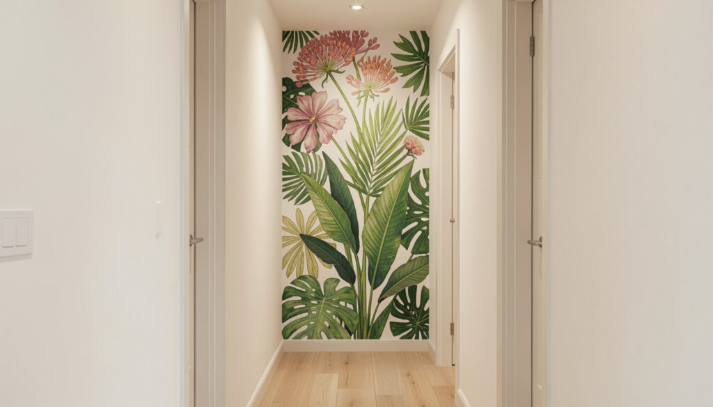 Tall vertical botanical print in a narrow hallway