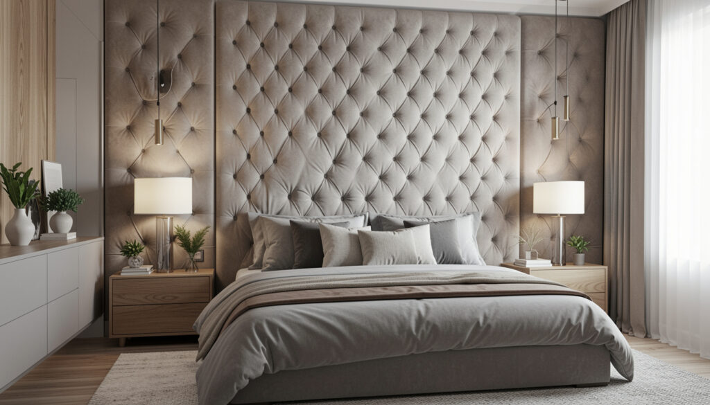 Upholstered tufted headboard accent wall in a modern bedroom