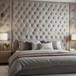 Upholstered tufted headboard accent wall in a modern bedroom
