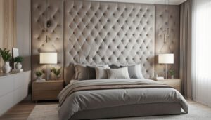 Upholstered tufted headboard accent wall in a modern bedroom