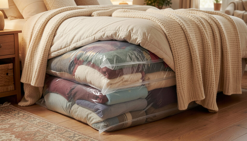 Vacuum-sealed storage bags compressed under a bed