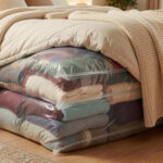 Vacuum-sealed storage bags compressed under a bed