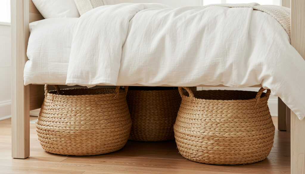 Woven seagrass baskets tucked under a bedroom bed