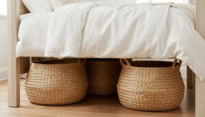 Woven seagrass baskets tucked under a bedroom bed
