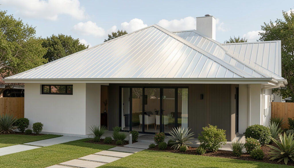 A contemporary home with a light-colored reflective metal roof designed to reduce heat absorption.