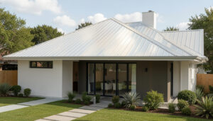 A contemporary home with a light-colored reflective metal roof designed to reduce heat absorption.