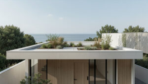 A minimalist modern home featuring a flat roof design with a small rooftop garden space.