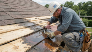 A roofing contractor inspecting wooden roof decking for signs of water damage before installation.