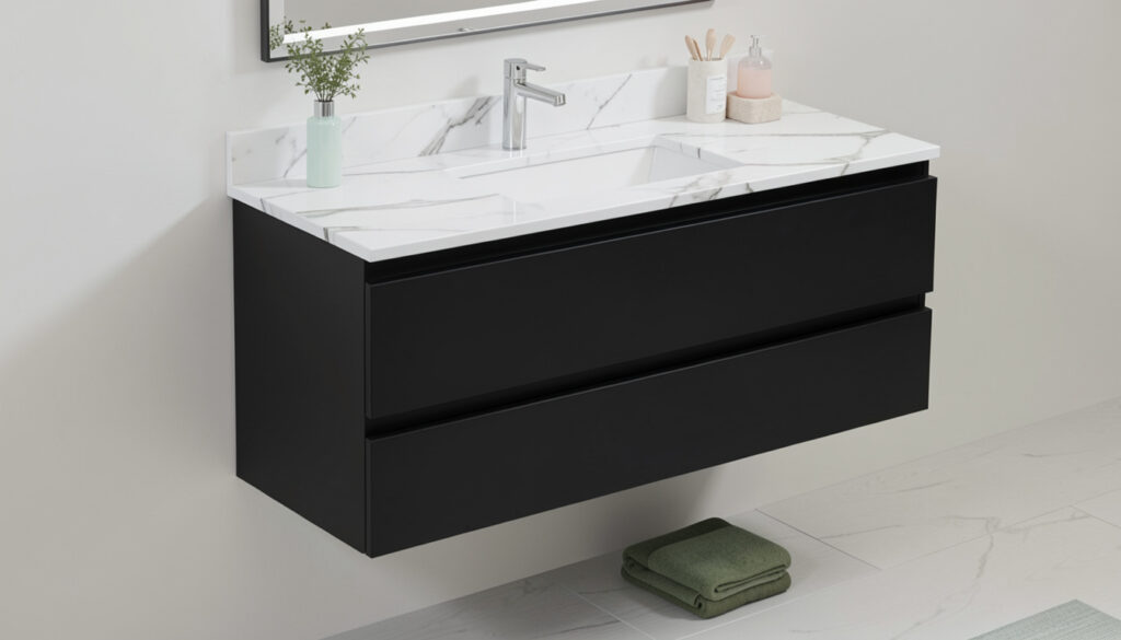 Black floating vanity with white marble countertop