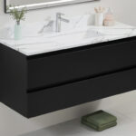 Black floating vanity with white marble countertop