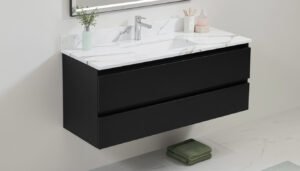 Black floating vanity with white marble countertop