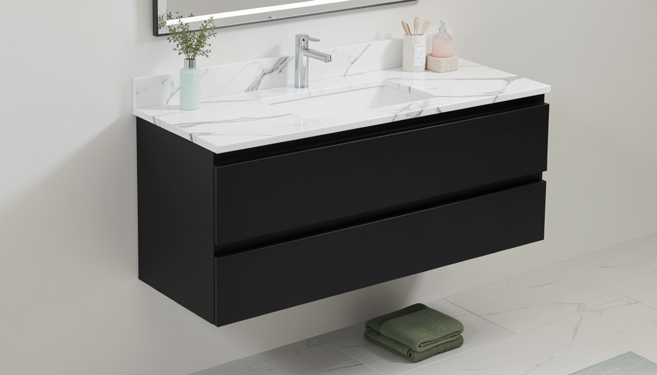 Black floating vanity with white marble countertop