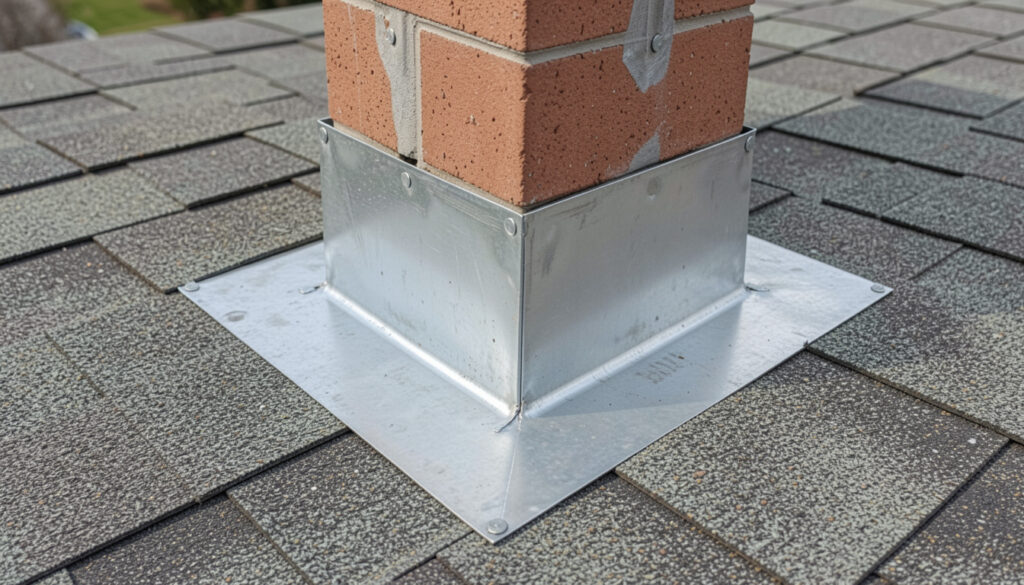  Close-up of metal flashing installed around a chimney base on a residential roof.