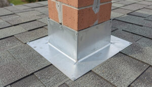 Close-up of metal flashing installed around a chimney base on a residential roof.