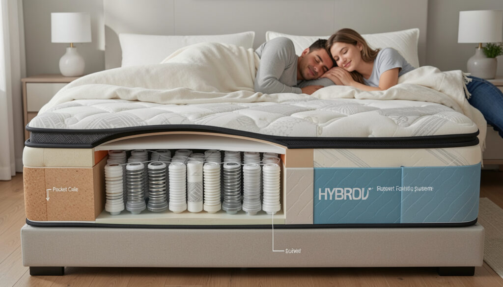 Cross-section of a hybrid mattress.
Pocket coil support system.
Couple sleeping on a hybrid mattress.