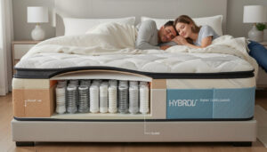 Cross-section of a hybrid mattress. Pocket coil support system. Couple sleeping on a hybrid mattress.