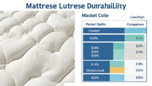 Mattress durability infographic. Pocket coil close-up. Mattress lifespan comparison chart.