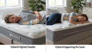 Side sleeper on a memory foam mattress. Spinal alignment comparison. Hybrid mattress supporting the back.
