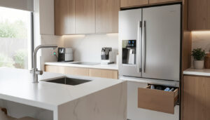 A sleek modern kitchen featuring a voice-controlled smart faucet, integrated touchscreen refrigerator, and hidden charging drawer, photographed in natural daylight.