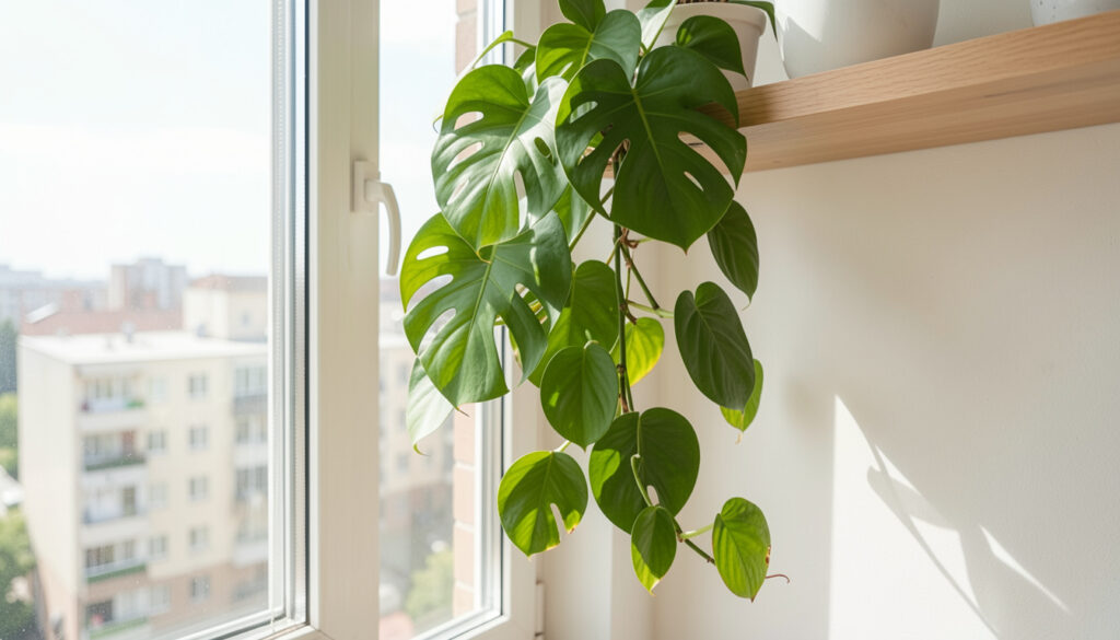 A compact Monstera adansonii trailing from a shelf near a bright apartment window