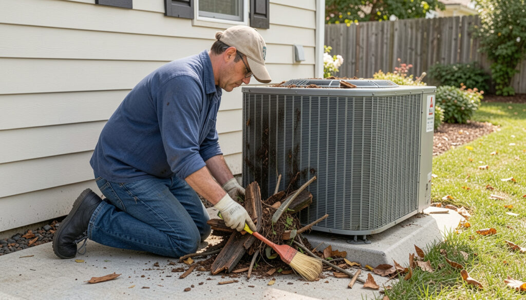  A homeowner cleaning debris away from an outdoor AC condenser unit