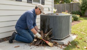 A homeowner cleaning debris away from an outdoor AC condenser unit