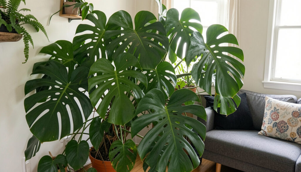 A large Monstera deliciosa crowding a small apartment living room corner
