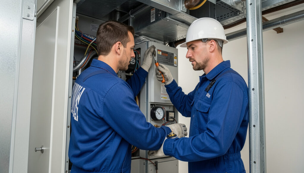 An HVAC technician performing a professional tune-up on a central air system