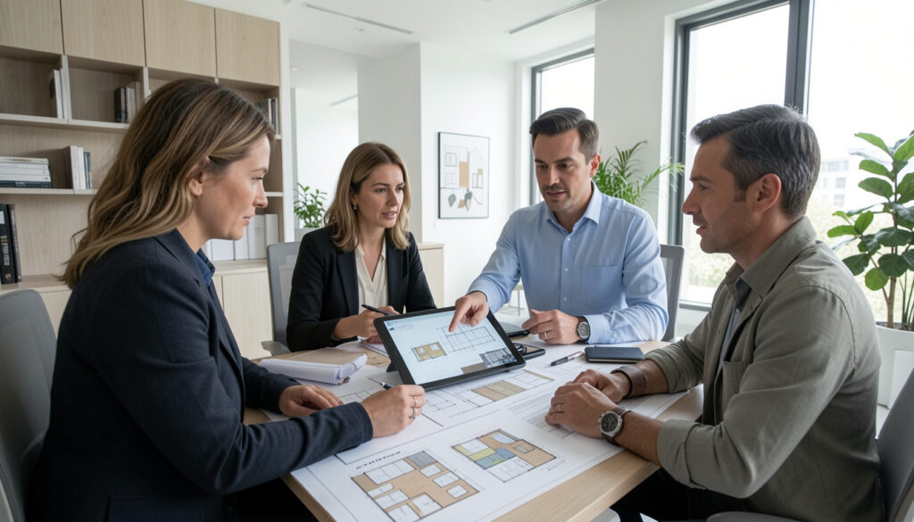 Interior designer discussing home renovation plans with clients