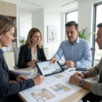 Interior designer discussing home renovation plans with clients