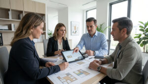 Interior designer discussing home renovation plans with clients