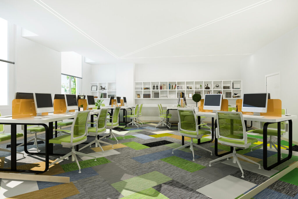 Modern corporate office interior with ergonomic workstations