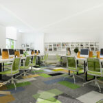 Modern corporate office interior with ergonomic workstations