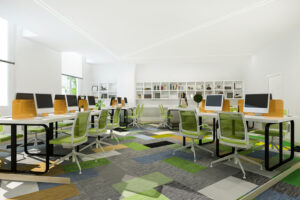 Modern corporate office interior with ergonomic workstations