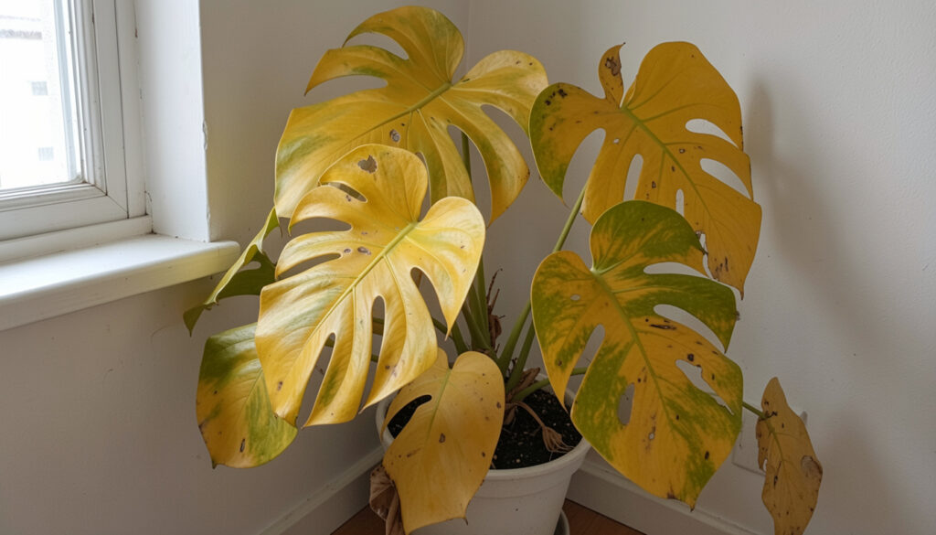 Yellowing leaves on a monstera plant caused by low light in a small apartment corner